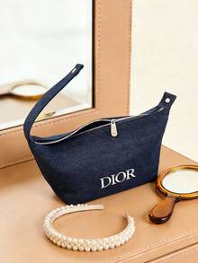 Dior 丹寧帆布手提化妝包，拉鍊式化妝品收納袋，便攜式收納包，適合日常通勤、購物、旅行，女性女孩理想的節日生日禮物 - 牛仔藍 - 查看 4