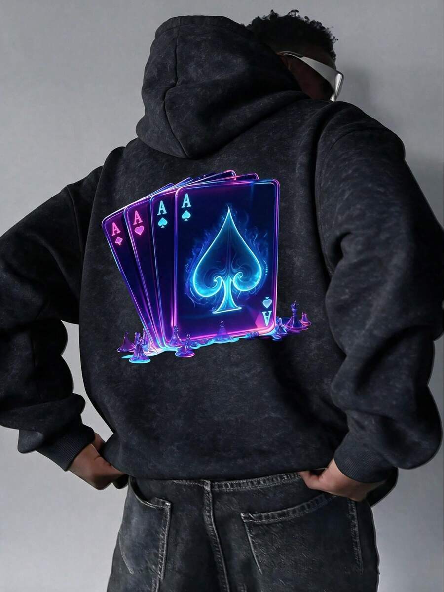 Men's Washed Distressed Hooded Sweatshirt, American Retro High Street Neon Poker Card A Back Graphic Print, Autumn/Winter Pullover - Black - View 1