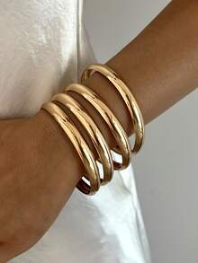 4pcs Multi-Layered Fashion Minimalist Elegant Exquisite Vintage Design Geometric Polished Basic Style Minimalist Plain Metal Round Bangle Set, Holiday Vacation Party Date Gift, Daily Commute Wear, Personalized - Yellow Gold - View 4