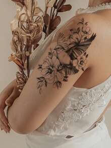 2PCS Artistic Floral Bird Butterfly Pattern Party Gift Holiday Gift DIY Music Festival Temporary Tattoo Stickers For Arm Waist Abdomen Leg Waterproof Body Skin Tattoo Stickers - Black - View 3