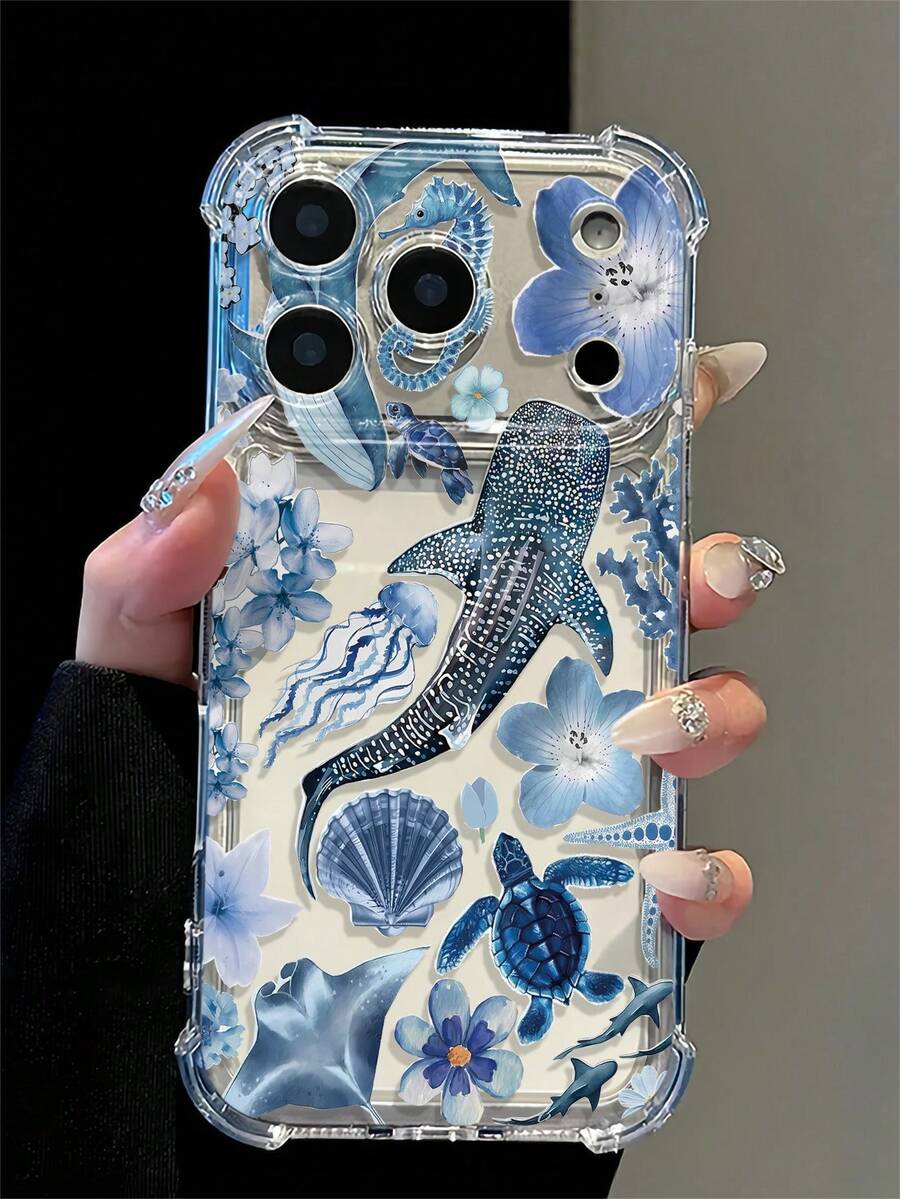 4角氣囊防震透明手機殼,軟 TPU 透明保護殼,印有海洋生物鯨魚、鯊魚、海龜、水母、海馬、貝殼、花卉圖案,凸起相機框防刮,海灘風手機殼,女性與青少年的假期禮物,相容 iPhone 18 Pro Max/17 Pro/17 Air/17/16 Pro Max/16/15 Pro Max/15/14/13/12/11 系列 - 透明2 - 查看 1