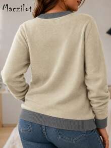 Cardigan Rajut Blok Warna Ukuran Besar, Sweater Lengan Panjang Kerah Bulat dengan Kancing Depan, Dilengkapi Saku, Pakaian Luar Kasual Musim Gugur/Dingin - Unta - View 5