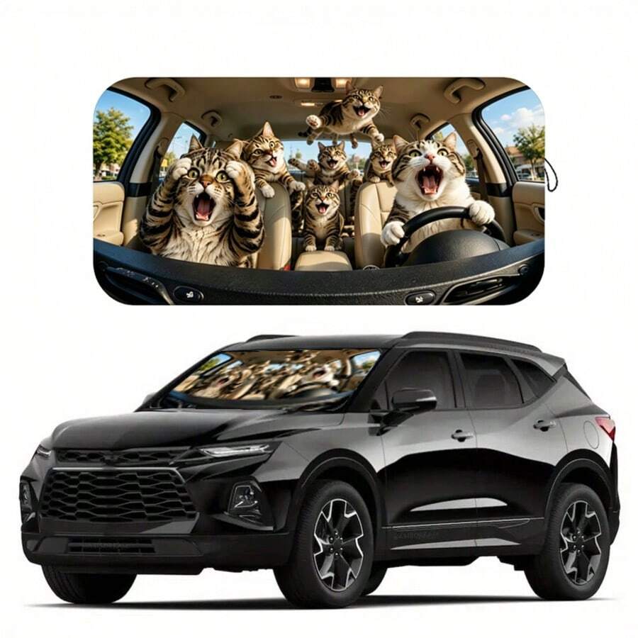 1pc 150cmx70cm Crazy Cat Car Sunshade, Made Of Polyester Fiber, Durable 190T Material Blocks UV Rays And Heat, Car Interior Accessory Suitable For Various Car Models Front Windshield, Provides Heat Insulation And Privacy Protection, Keeps Your Car Cool, Foldable For Easy Storage - Crazy Cat - View 1