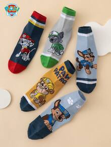 5 Pairs Paw Patrol Series Authentic Chase Rubble Striped Letter Cartoon Kids Mid-Calf Socks - Multicolor - View 2