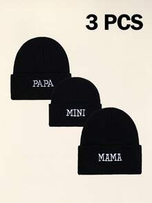 3件組家庭針織毛帽冬季套裝，柔軟保暖舒適，DAD MAM MINI字母刺繡，無帽簷帽，適合戶外運動 - 彩色 - 查看 11