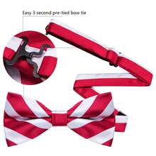 4Pcs Men Red‑White Striped Bow Tie Pocket Square Cufflinks Boutonniere Set For Wedding Business Party - Red - View 3