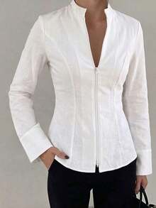 Women's Stand Collar Full Zip Flared Sleeve Slim Fit Linen Shirt, Slim Fit Top, Suitable For Autumn Office Commute, Back To School, Elegant Style - White - View 9