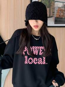 High Street Pink Polka Dot Large Letter Print Black Oversized Crew Neck Sweatshirt, Women's Autumn Apparel - Black - View 5