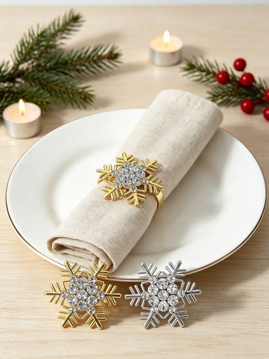 6/12pcs, Christmas Rhinestone Snowflake Napkin Rings, Suitable For Christmas Restaurant Table Decorations, Christmas Napkin Rings, Napkin Clips, Christmas Napkin Holders, Christmas Party Napkin Rings. - Multicolor - View 1