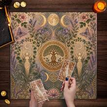 1pc Triple Moon Tree Of Life Tarot Cloth, Wiccan Goddess Pentagram Botanical Altar Cloth, Vintage Floral Witchy Divination Tablecloth Spiritual Home Tapestry - Black - View 7