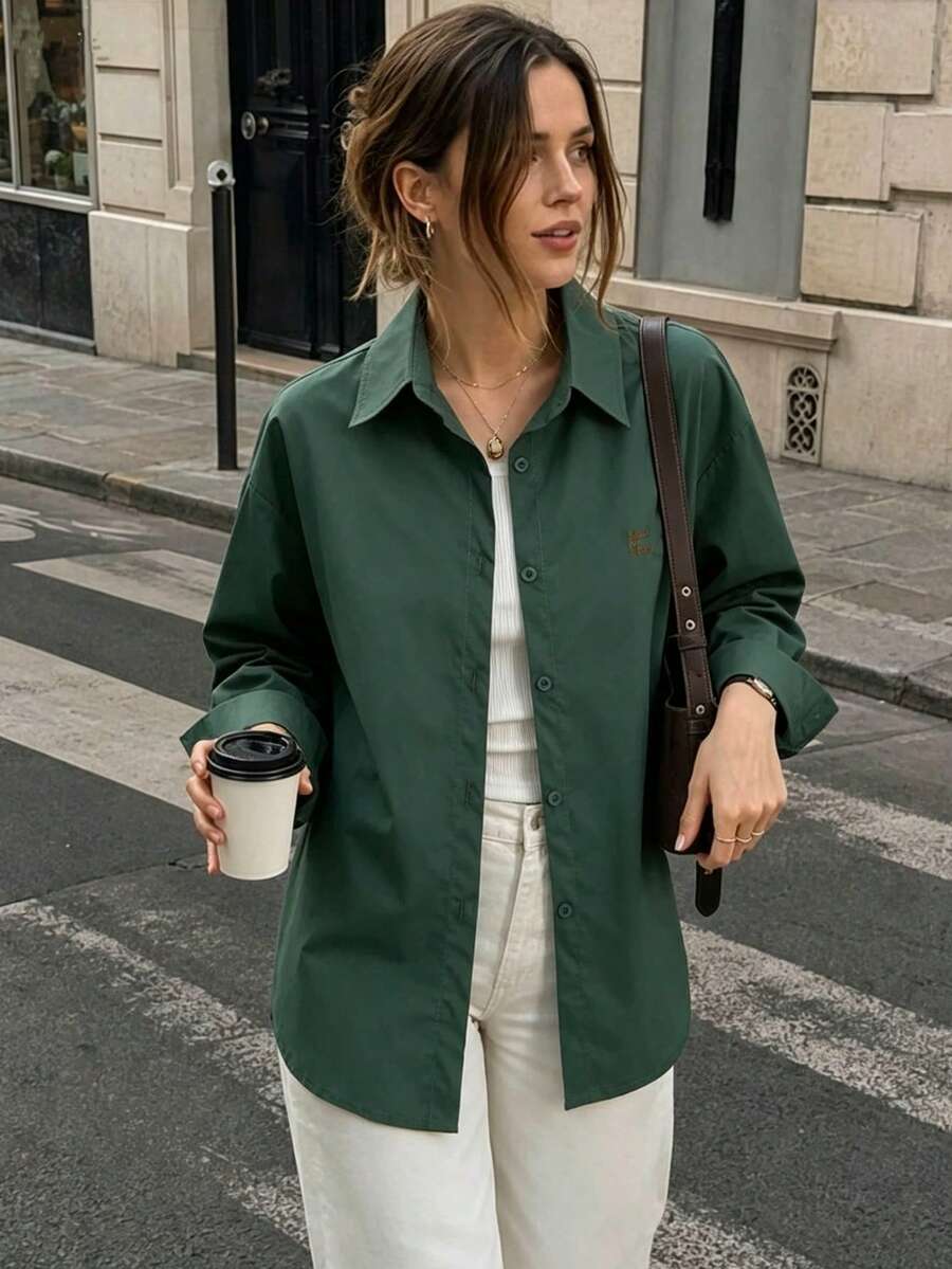 Women's Casual Daily Button Embroidered Open Front Long Sleeve Shirt - Green - View 1