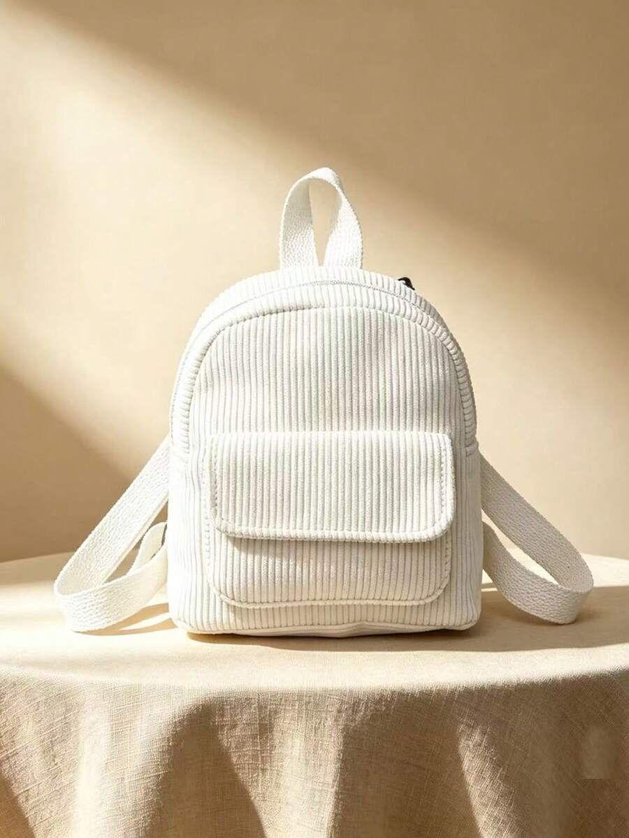 Fashionable And Versatile Solid Color Corduroy Laptop Work Backpack For Women, Mini Water Resistant Campus Daypack For High School College,