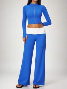 NcmRyu Women's 1 Set Contrast Color Autumn/Winter Zipper Small Stand Collar Thumb Hole Long Sleeve Jacket & Folded Waist Wide Leg Long Pants - Blue - View 7
