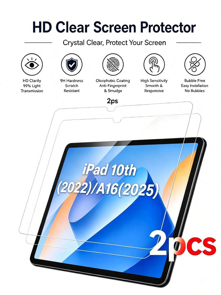 Yezodawee 2pcs High Definition Transparent Tempered Glass Screen Protector, Full Coverage Curved Edge Design, Anti-Scratch Anti-Drop Anti-Fingerprint, Sensitive Touch; Compatible With IPad 11th Gen 2025 A16, 10th Gen 10.9 Inch, Air 11/13 M2/M3/M4 2024/2025, Pro 12.9 Inch, Mini 2024, Waterproof Shockproof Tablet Accessory, Suitable For Home Office Daily Use - Clear - View 1