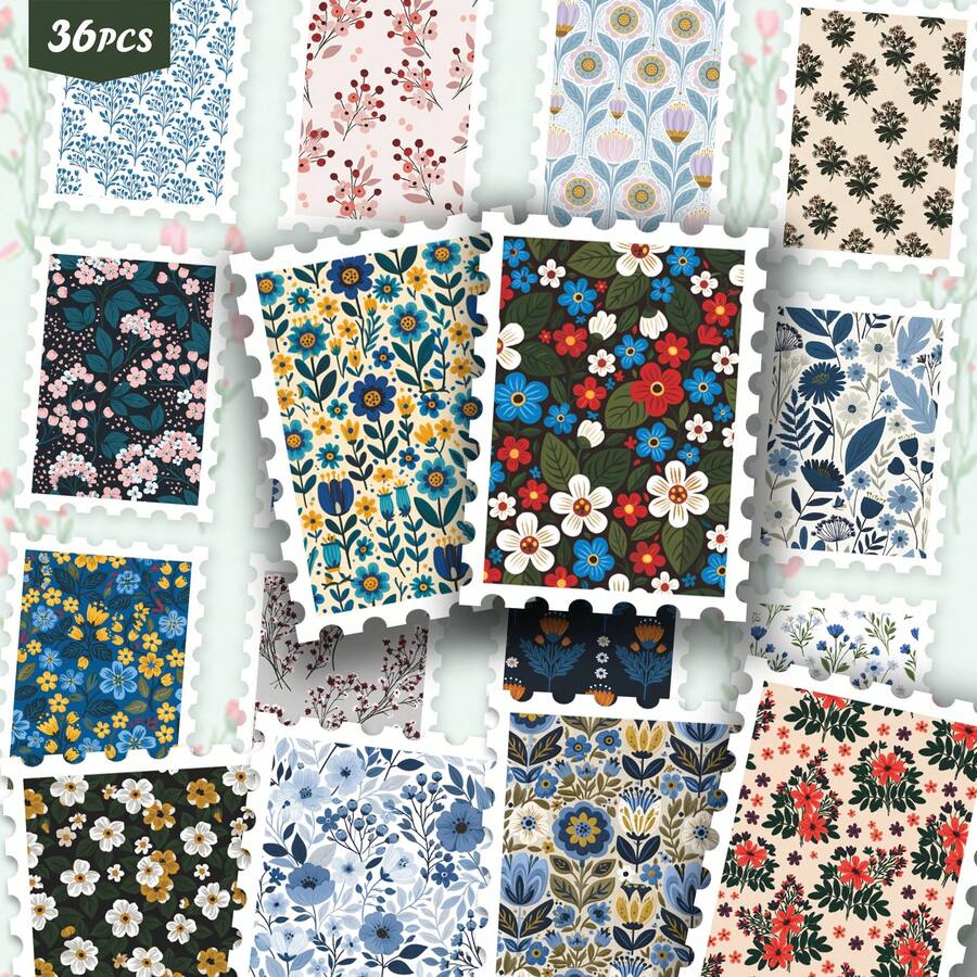A36PCS Vintage Floral Pattern Stickers, Seamless Wildflower Layouts With Multi-Color Blooms, Leaf Vines And Tiny Berry Clusters On Varied Solid Backdrops. Soft Muted Pastel Tone, Fresh Botanical Ephemera For Journals, Planners And Laptops - Stamp - View 1