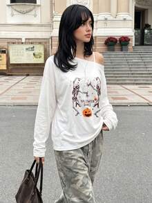 Halloween Off‑Shoulder Oversized Long‑Sleeve Top, Dancing Skeleton Pumpkin Print Casual Fall Tee - White - View 4