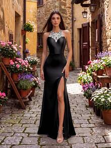 High-End Luxury Split Thigh Formal Mermaid Evening Dress, Elegant Socialite Style - Black - View 4