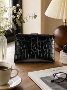 New Women's Vintage Premium Short Wallet, Crocodile Embossed PU Leather Bi-Fold Card Holder, Multi-Slot Vertical Design, Zipper Coin Purse - Multicolor - View 8