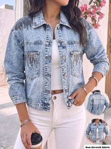 GILIPUR Women's Fashion Sequin Patchwork Washed Denim Jacket, Long Sleeve Lapel Motorcycle Style Outerwear, Suitable For Autumn Casual Wear - Blue - View 8