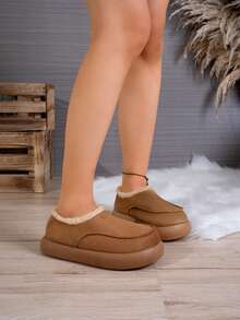 Thick Sole Platform Slip-On Fur Shoes, Casual Warm Women's Loafers For Autumn/Winter - Camel - View 4
