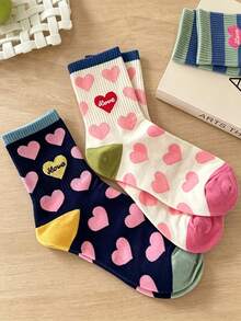 5 Pairs Candy Color Striped Heart Jacquard Mid-Calf Socks, Fun Love Letter Pattern, Elastic Girl Style Versatile Women's Socks For Autumn/Winter - Multicolor - View 5
