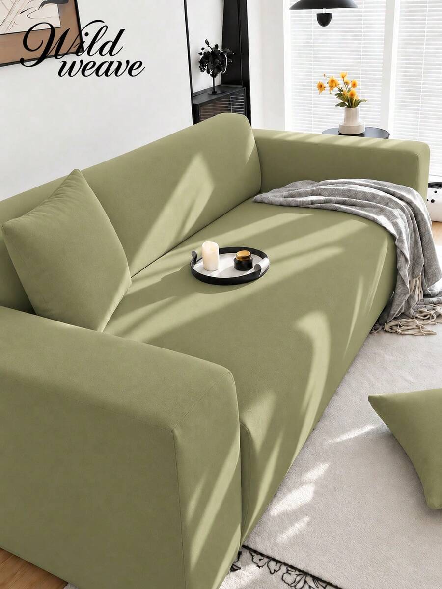 1pc Solid Color Milk Silk All-Season Elastic Full Sofa Cover + 1pc Matching Unfilled Throw Pillow Cushion Cover