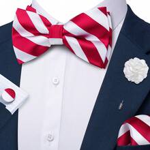 4Pcs Men Red‑White Striped Bow Tie Pocket Square Cufflinks Boutonniere Set For Wedding Business Party - Red - View 2