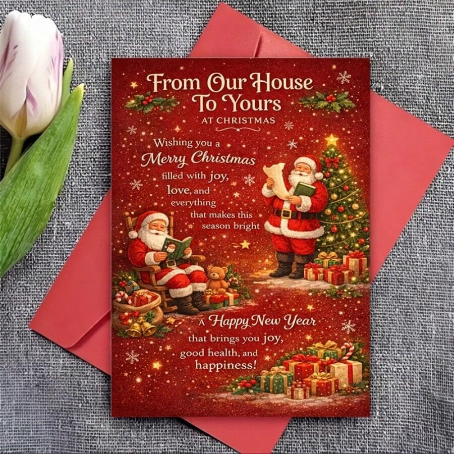 52-Piece Set (1 Greeting Card + 1 Envelope + 50 Tags) One Christmas Card, With A Free Envelope, Suitable For Friends, Family And Neighbors, Holiday Greetings, 2D Cards, Suitable For Family Exchange And Winter Parties, Christmas Cards. - View 1