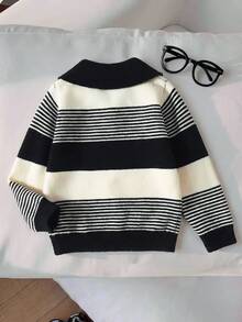 Young Boy Striped Polo Collar Sweater, Autumn/Winter Unisex Kids Knit Pullover, Long Sleeve Versatile Top - Blue - View 2