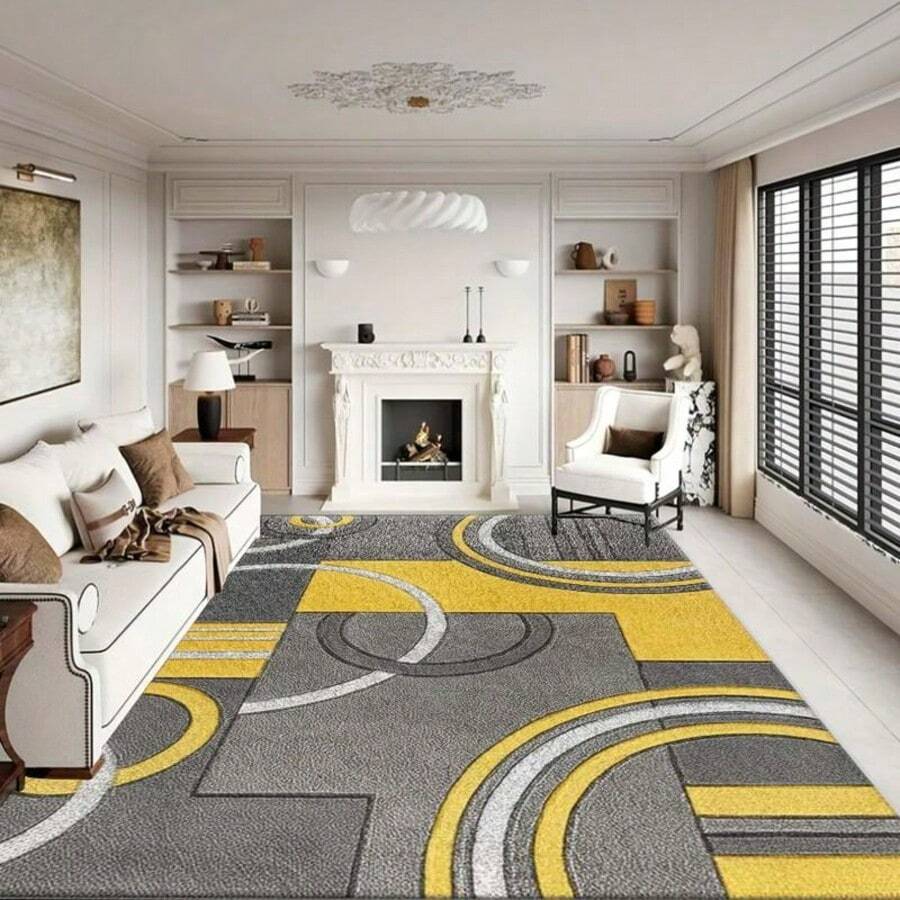 1pc Modern Abstract Geometric Curved Pattern Rug, Gray, Yellow And White Interwoven Curved Geometric Design, Creative Modern Carpet, Fashionable Style - Washable And Easy To Clean, Suitable For Living Room, Bedroom, Kitchen, Study, Hallway, Laundry Room And Home Decor Gift Rug, Living Room Rug: Living Room Rug, Floor Mat, Living Room Area Rug, Carpet, Home Decor, Large Size Living Room Rug, Living Room Home Decor, Room Decoration, Washable Rug - Multicolor - View 1