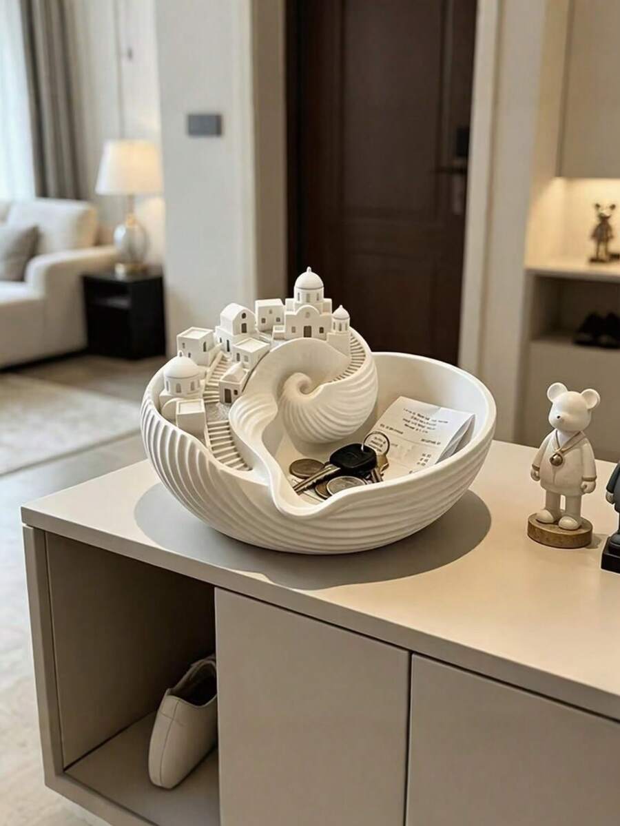 1pc Santorini Desktop Storage Tray Bowl, Creative Shell Town Key Holder Bowl, Mediterranean Style Entryway Jewelry Organizer, Home Luxury Decor Ornament, Christmas Holiday Gift - White - View 1