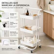 3-Tier Utility Rolling Cart With Handle, Metal And Plastic Storage Organizer For Kitchen And Bathroom, Mesh Shelves, 42x35.5x86cm - Black - View 5