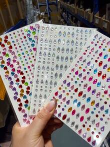 3/1Sheets 3D Rhinestone Face Body Gem Stickers,Shiny Multi‑Color Crystal Rhinestone With Water Droplet Shape, Heart-Shaped, Aurora Circular, Horse Eye Self‑Adhesive Jewel Decals, Festival Rave Party Makeup Decor For Face, Body, Nail & DIY Craft - Multicolor - View 3