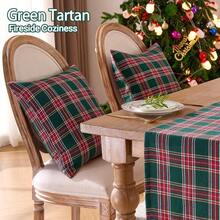 Sarung Bantal Hias Natal Motif Kotak-kotak Tartan Cokelat Vintage, Ukuran 18x18 inci, Set Isi 2 - Sarung Bantal Motif Kotak-kotak Tartan Hijau - View 3