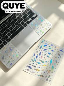 1pc Decor Stickers With Tweezer, Stickers For Laptop, Holographic Iridescent Fish & Star Motif, Aesthetic Ocean‑Style Ornamental Decals, For Phone Case, Camera, Tumbler, Gift Card Decoration - Laser Fish School - View 3