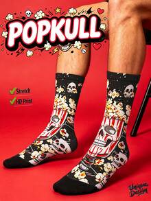 Cool 360° Printed Men's Socks - Streetwear Socks,Popcorn Skull,Crown Graffiti Skull,Colorful,Funny Socks, Fit Daily, Holiday & Party Occasions - Black - View 9