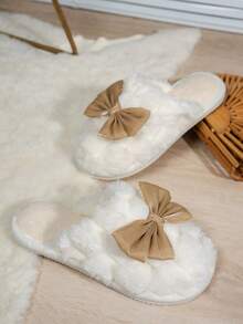 Women's Bow Open Toe Plush Warm Slippers, Comfortable Breathable Indoor House Shoes For All Seasons - Khaki - View 6