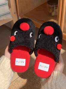 Women's Black Little Red Mouse Plush Slippers, Soft Unisex Flat Indoor Bedroom Slippers - Black - View 6