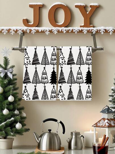 2Pcs Black White Line Art Christmas Tree Kitchen Towel Set, Minimalist Sketch Xmas Tree All‑Over Print, Farmhouse Kitchen Towels, Holiday Supplies, Dish Hand Tea Towels For Kitchen Dining Room Table Decor