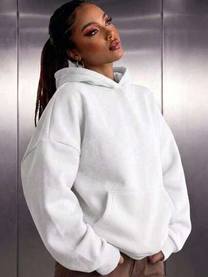 Women's Casual Fleece Hooded Pocket Loose Sweatshirt Fall White