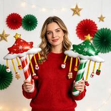 Christmas Handheld Candy Cane Star Tree Foil Balloon Set, 2pcs, With Hanging Santa Claus, Snowman, Gingerbread Man Ornaments, Suitable For Christmas Party, Home Decor, Children's Gift Shop Window Background Decoration - Christmas Handheld Wand - View 8