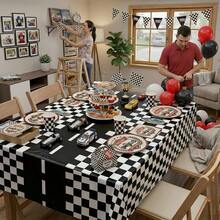 Racing Theme Disposable Tablecloth - Black & White Checkered, Suitable For Parties, Weddings, Birthdays Etc. - Durable PE Plastic, 54" X 108", Party Decoration (1PC/4PCS) - Black and White - View 9