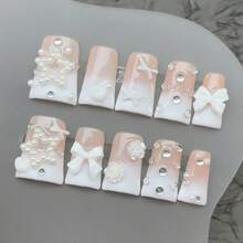 Rhinestone Nail Art, Y2K1 Style Nail Set, Handmade Medium-Long Coffin Shape False Nails, Decorated With Colorful Rhinestones, Bows And Other Exquisite Decorations, Suitable For Women As A Gift, Applicable For Parties Or Daily Wear - Silver - View 5