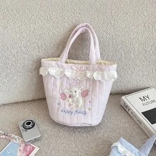 1Pc Cute Lamb Embroidery Handbag,Lace Ruffle Bow Decor Quilted Tote Bag,Striped Canvas Mini Top‑Handle Bag, Sweet Daily Travel Storage Purse For Girls - Multicolor - View 6