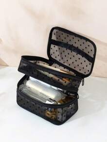 1pc Mesh Makeup Bag Double Layer Heart Pattern Large Capacity Storage Bag Fashionable Toiletry Cosmetic Bag - Black - View 1