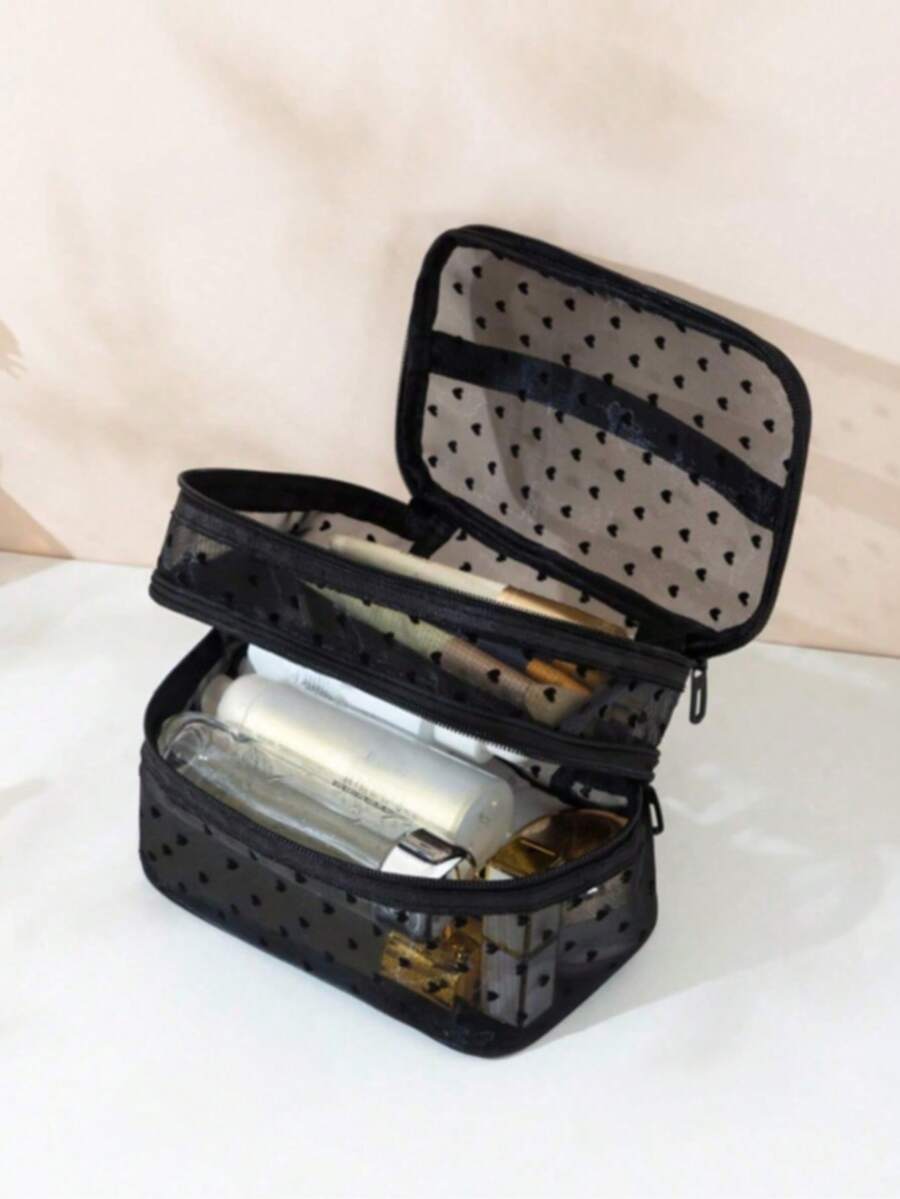 1pc Mesh Makeup Bag Double Layer Heart Pattern Large Capacity Storage Bag Fashionable Toiletry Cosmetic Bag - Black - View 1