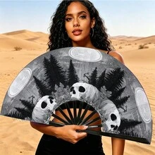 Dark Print Moonlit Forest Skeleton Folding Fan Black & White Pine Forest Full Moon Pattern Personalized Party Decoration Folding Fan - Multicolor - View 3