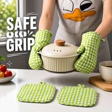 2pcs Heat Resistant Polyester Oven Gloves And Pot Holders Set, Green Coffee Plaid Double-Sided Quilted Insulated Kitchen Glove, Waterproof Non-Slip For Baking BBQ Cooking, Easy Clean Kitchen Essential Tool, Christmas Gift For Home Cooks - View 2