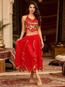 2pcs Belly Dance Performance Costume, Dance Performance Outfit, Top + Belly Band, Chili Pepper Theme Stage Performance Costume, Practice Set, Ruffle Long Skirt, Soft Comfortable Lightweight Chiffon Fabric - Multicolor - View 7