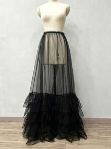 1pc Bridal Train Layered/Cake Skirt, Black Sheer Elastic Waist Long Tulle Skirt, Length 110cm - Multicolor - View 9